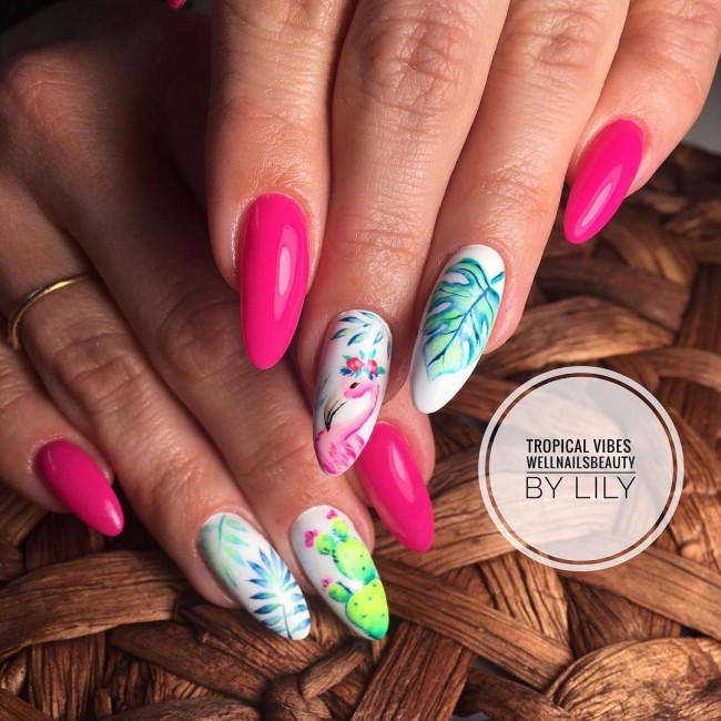 pink flamingo nails, white and pink nails, summer nails