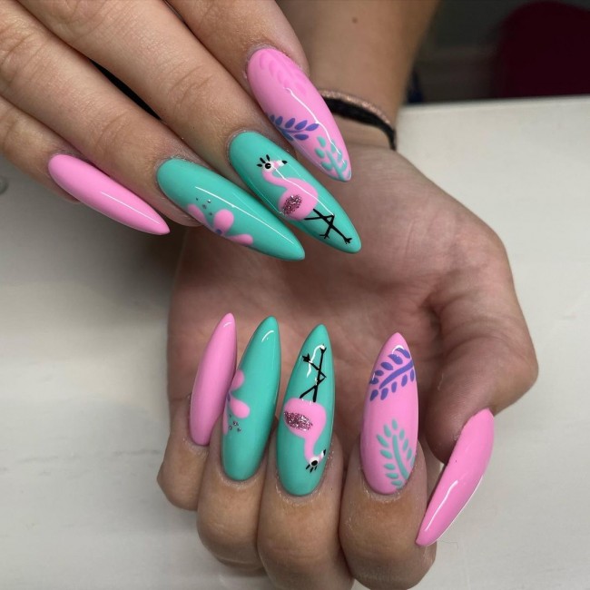 50+ Flamingo Nail Art Designs — Pink and Green Flamingo Almond Nails