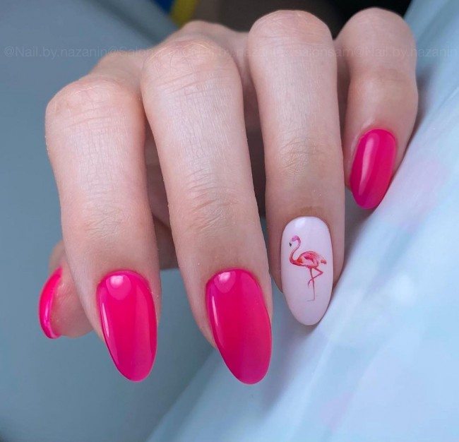 50+ Flamingo Nail Art Designs — Hot Pink and White Nails with Flamingo