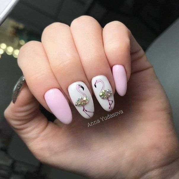 50+ Flamingo Nail Art Designs — Pink and White Bling Flamingo Nails