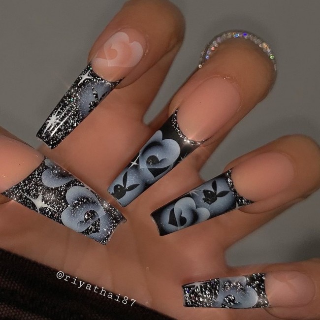 black french tips, acrylic nude nails, glam nail art designs, glamorous nails, nail designs 2022, acrylic nails 2022, glitter nails 2022, valentines day nails 2022, glamorous nails designs, nail art designs 2022, french glitter nails