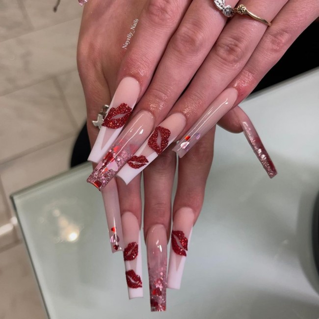 acrylic nude and red nails, glam nail art designs, glamorous nails, nail designs 2022, acrylic nails 2022, glitter nails 2022, valentines day nails 2022, glamorous nails designs, nail art designs 2022, french red glitter nails