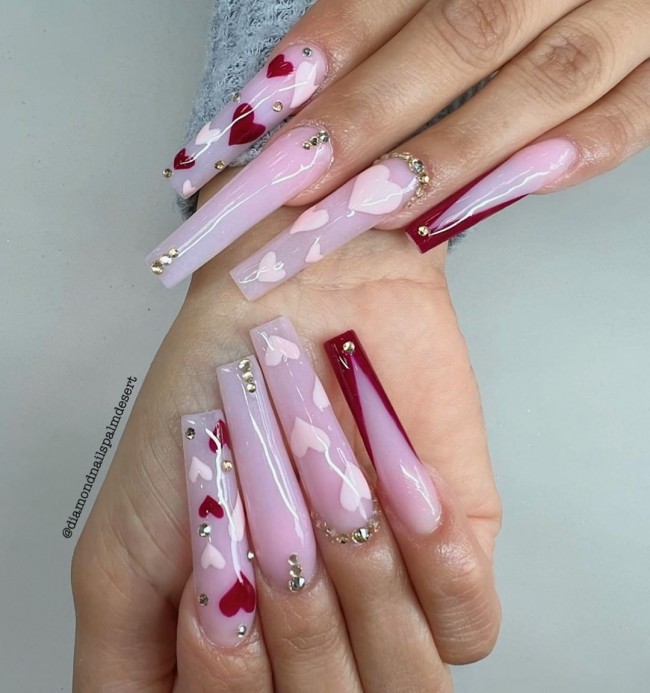 20+ Glam Nail Art Designs For Valentine’s Day — Nude Pink Acrylic Nails with Hearts