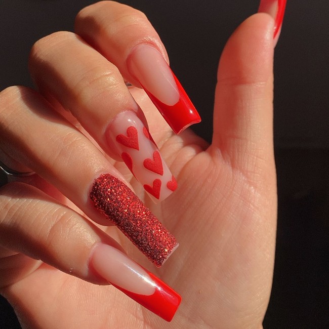 20+ Glam Nail Art Designs For Valentine’s Day — Red Glam Acrylic Nails