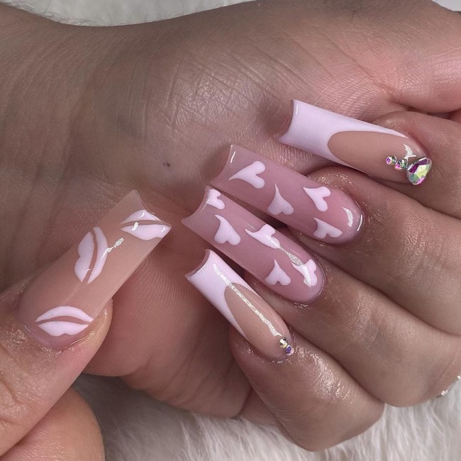 20+ Glam Nail Art Designs For Valentine’s Day — Kisses + Hearts Nude Acrylic Nails