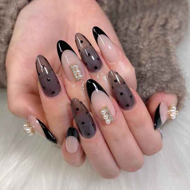 lace nails, glass nails, jelly nails, polka dot black jelly nails, jelly nail art designs, french tip and jelly nails