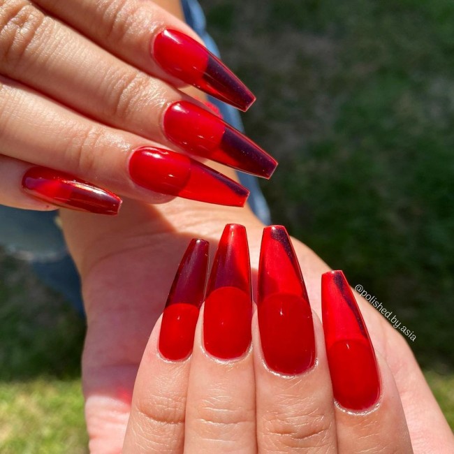 red jelly nails, jelly nails, summer nails, red nail art designs, summer nail designs 2022, transparent nail art designs, glass nails, acrylic nails, coffin jelly nails