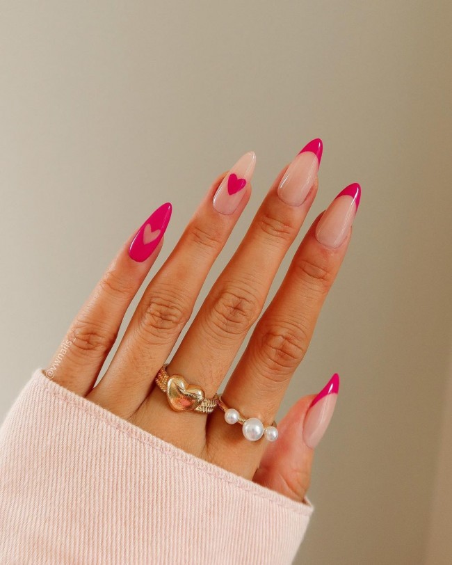 59 Cutest Love Heart Nail Art Designs : Pink Hearts & French Tips