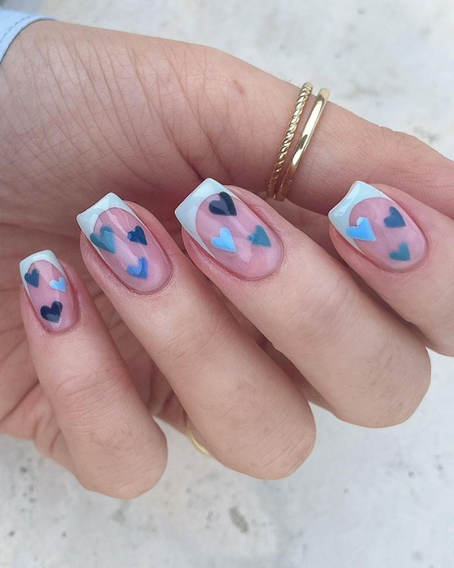 59 Cutest Love Heart Nail Art Designs : Shades of Blue Heart French Manicure