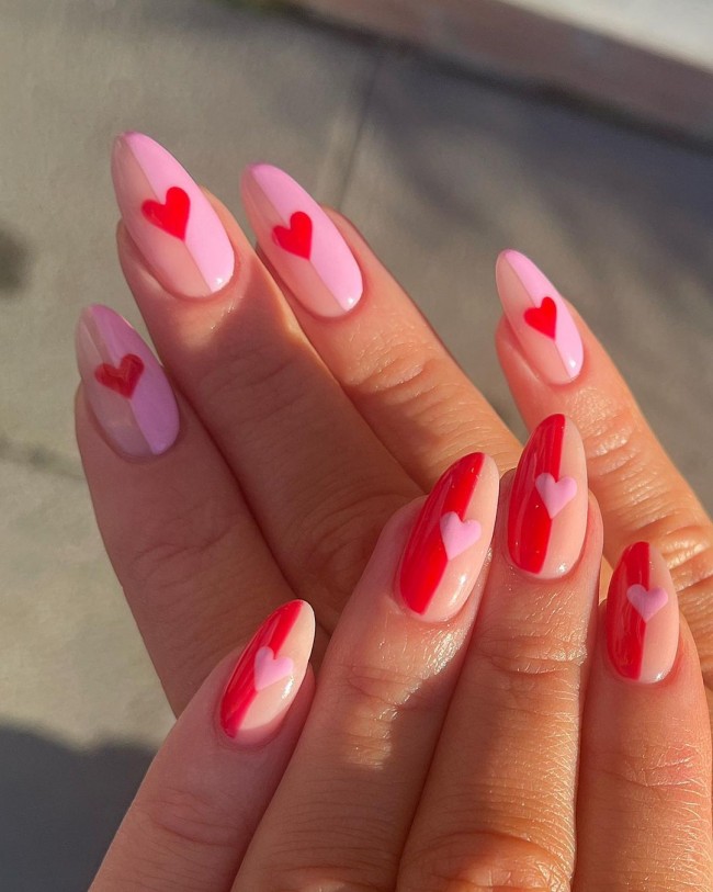 59 Cutest Love Heart Nail Art Designs : Pink and Red Valentine’s Day Nails