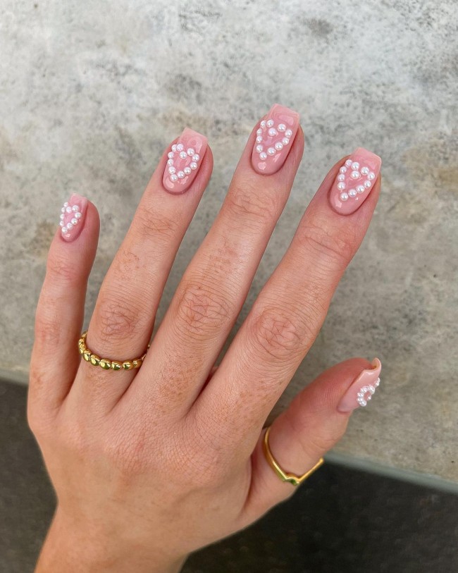 59 Cutest Love Heart Nail Art Designs : Pearl Heart Nails