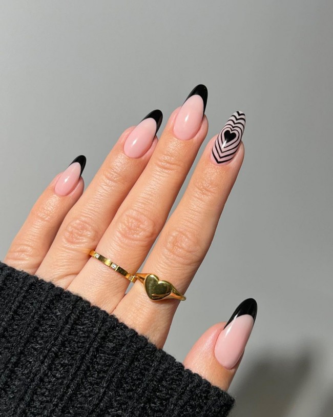 59 Cutest Love Heart Nail Art Designs : Black Heart Frenchies