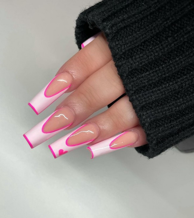 59 Cutest Love Heart Nail Art Designs : Pink Outline French Tips & Hearts