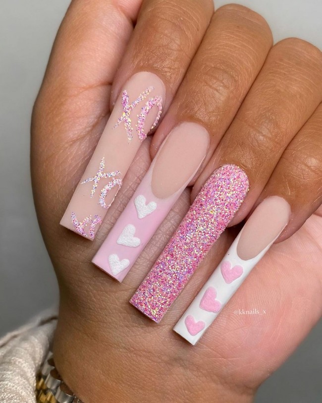 59 Cutest Love Heart Nail Art Designs : Glitter, Nude and Pink French Tips & Hearts