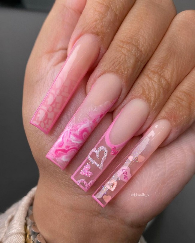 59 Cutest Love Heart Nail Art Designs :Dior & Heart Pink Acrylic Nails