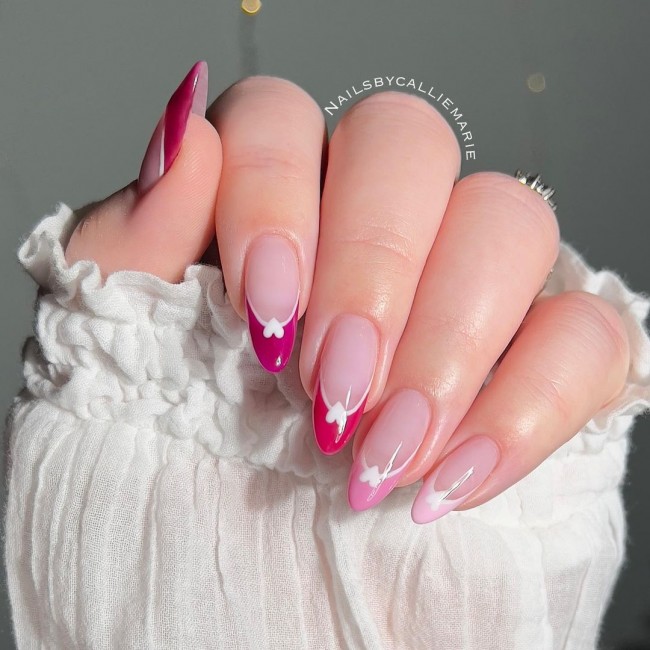 59 Cutest Love Heart Nail Art Designs : Shades of Pink French Tips & Hearts