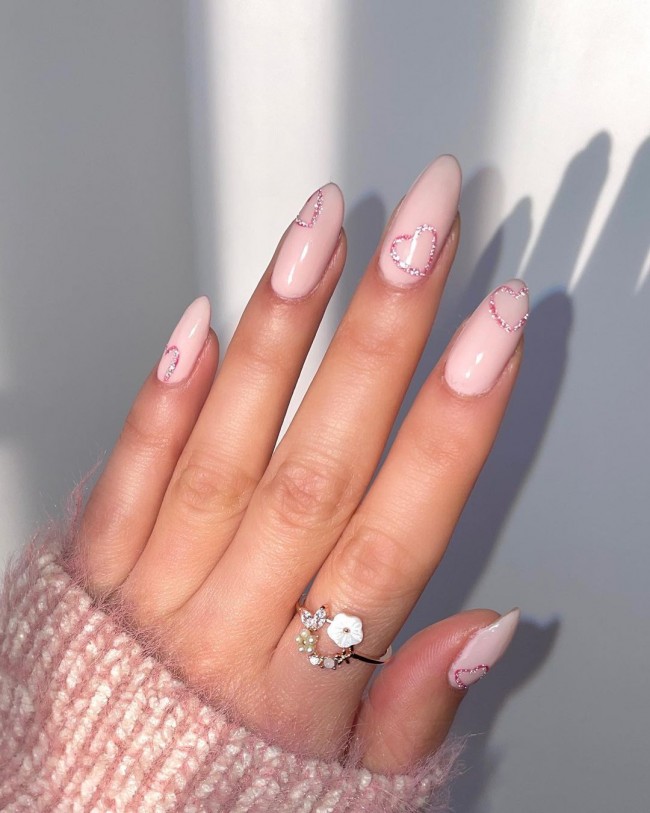 59 Cutest Love Heart Nail Art Designs : Glitter Heart Nude Pink Nails