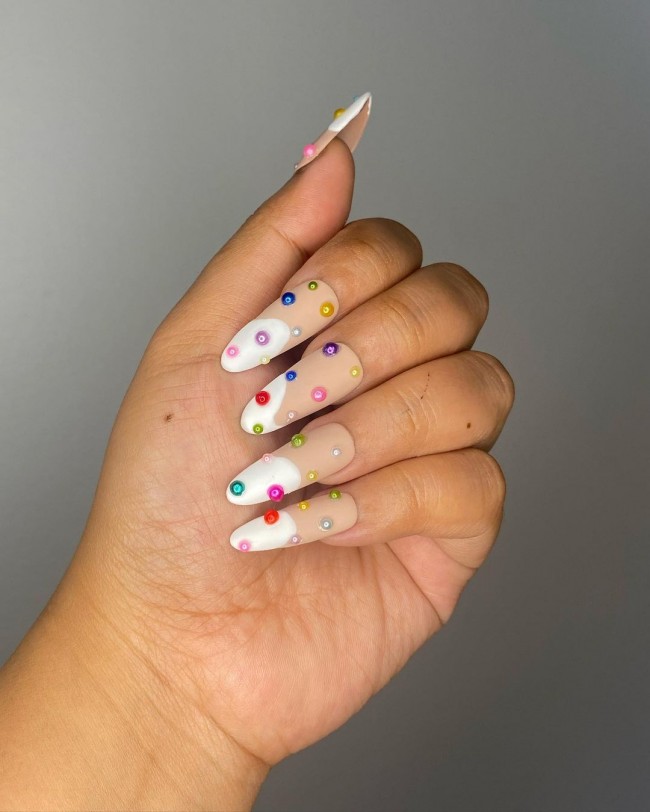 50+ Pearl Nail Art That Are Super Pretty — Nude Nails White Tips with Colorful Pearls