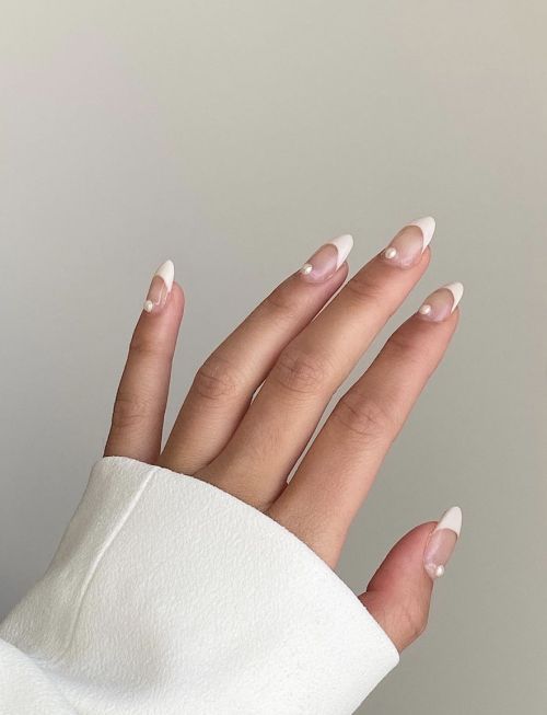 50+ Pearl Nail Art That Are Super Pretty — French Tip Nails with a Single Pearl Each Nail