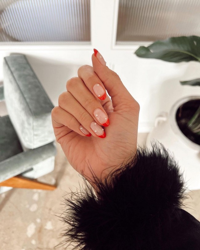 50+ Pearl Nail Art That Are Super Pretty — Pearl Nails with Red French Tips