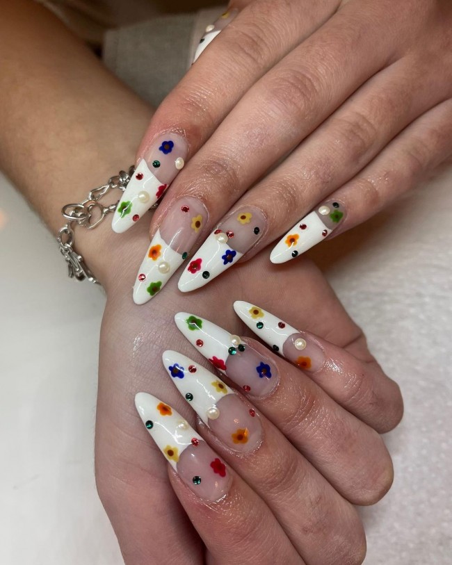 50+ Pearl Nail Art That Are Super Pretty — Flower Pressed French Tips with Pearls