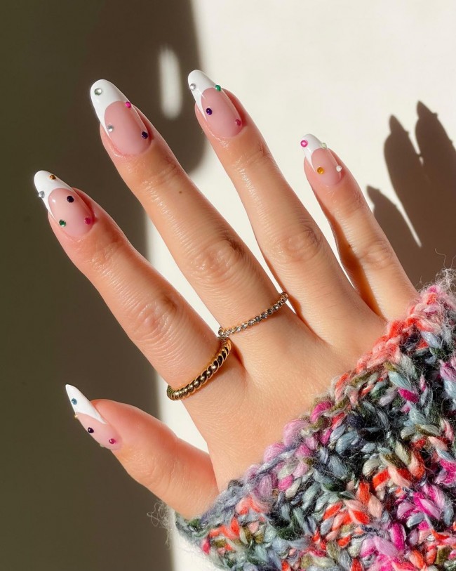 40+ Cute Nail Art Designs To Wear in Spring : White Tips Nails with Colorful Rhinestones