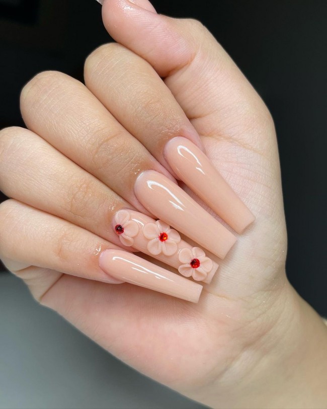 40+ Cute Nail Art Designs To Wear in Spring : 3D Flower Nude on Nude Coffin Acrylic Nails