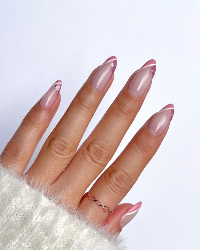 40+ Cute Nail Art Designs To Wear in Spring : Pink & Glitter Pink V French Tip Nails