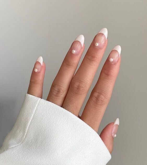 40+ Cute Nail Art Designs To Wear in Spring : White French Nails with Pearls