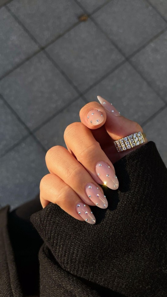 40+ Cute Nail Art Designs To Wear in Spring : Simple Nude Nails with Rhinestones