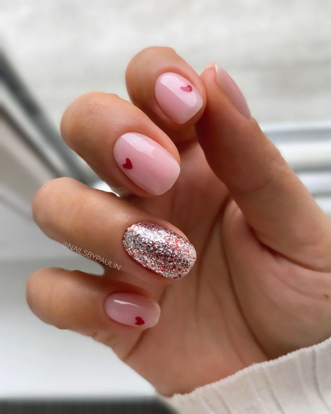 Valentine’s Day Nails That We Heart It — Glitter Nail + Nude Pink Red Hearts