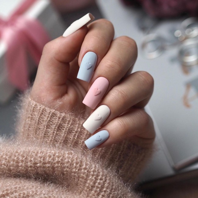 Valentine’s Day Nails That We Heart It — Pastel Color Nails with Embossed Hearts