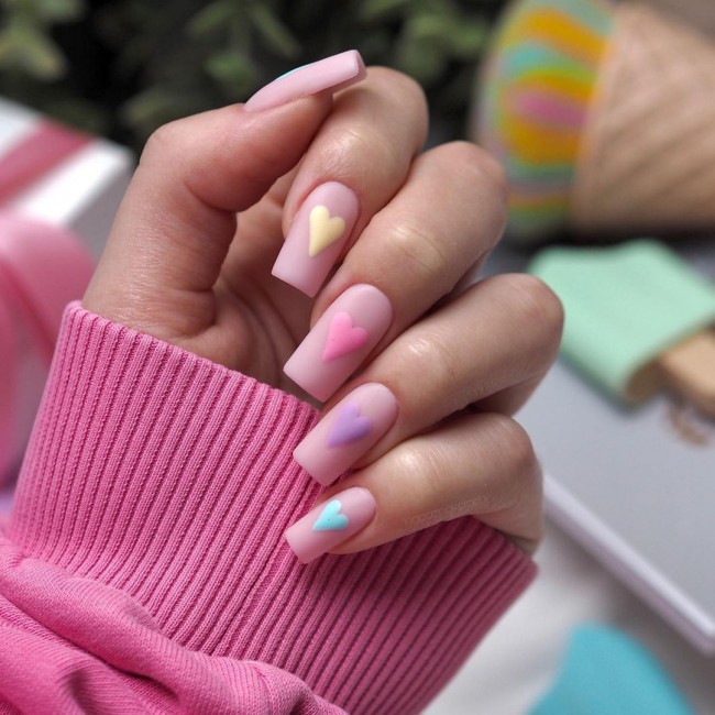 Valentine’s Day Nails That We Heart It — Pastel Heart Nude Matte Nails