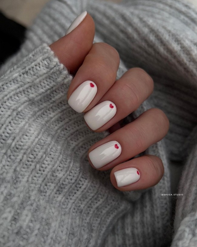 Valentine’s Day Nails That We Heart It — Simple White Nails with Tiny Red Hearts