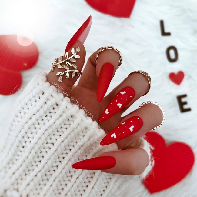 Valentine’s Day Nails That We Heart It — Matte Red Nails with White Hearts