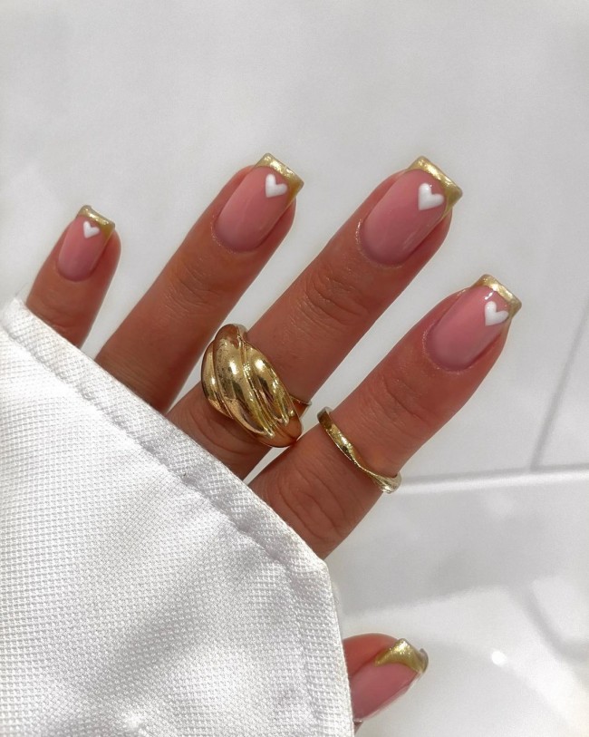 Valentine’s Day Nails That We Heart It — Gold French Tips White Hearts