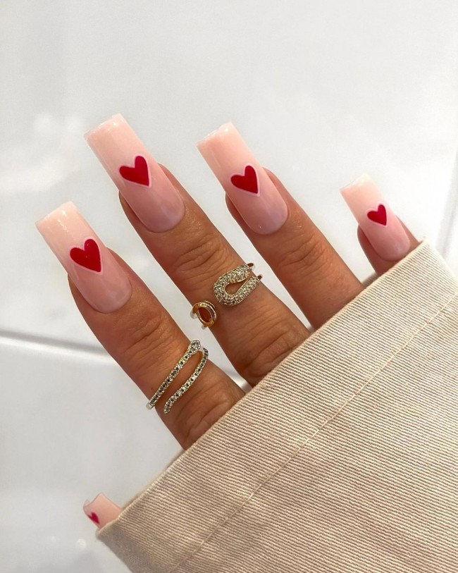 Valentine’s Day Nails That We Heart It — Minimalist Nude Nails Red Hearts