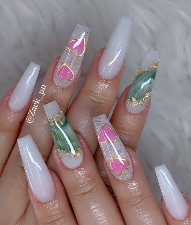 Valentine’s Day Nail Art Designs 2022 : Marble & Pink Love Heart Nails