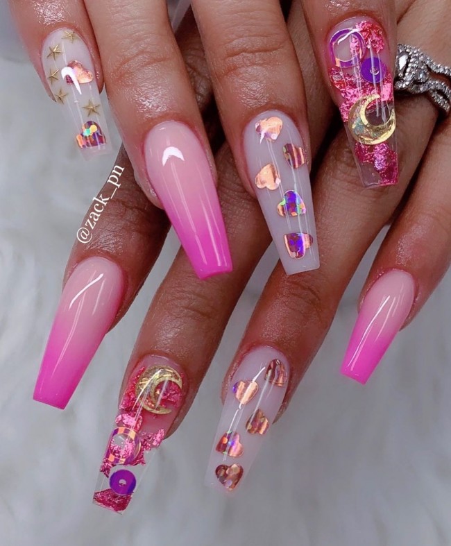 Valentine’s Day Nail Art Designs 2022 : Ombre Pink + Milky + Love Heart