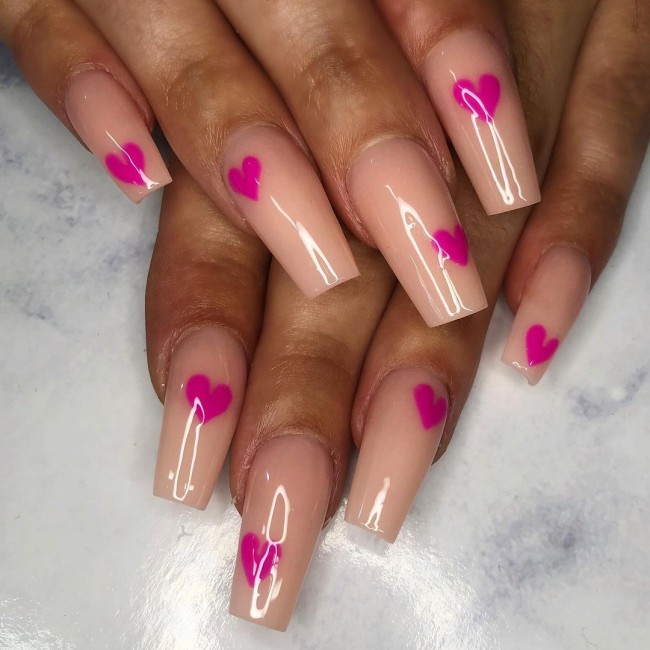 25 Cute Valentine’s Day Nail Designs 2022 : Small Pink Heart Nails