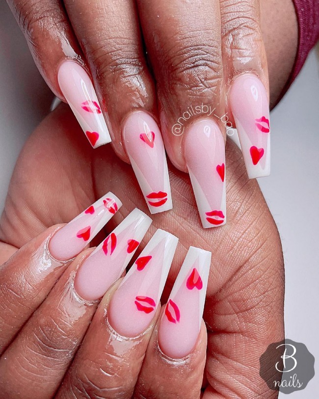 Valentine’s Day Nail Art Designs 2022 : Acrylic V White Tip with Red Kisses & Hearts