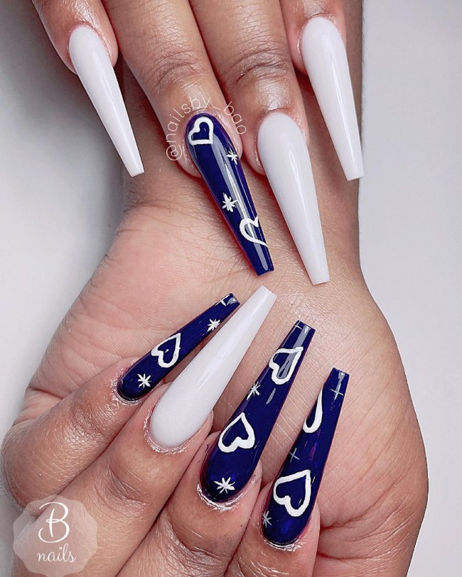 Valentine’s Day Nail Art Designs 2022 : Dark Blue Nails with White Hearts