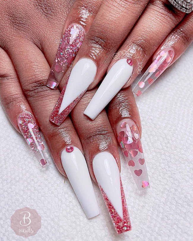 Valentine’s Day Nail Art Designs 2022 : Rose Gold Glitter & White Nails