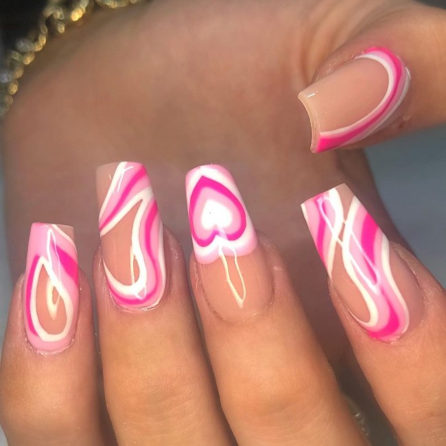 25 Cute Valentine’s Day Nail Designs 2022 : Pink Swirl Heart Nails