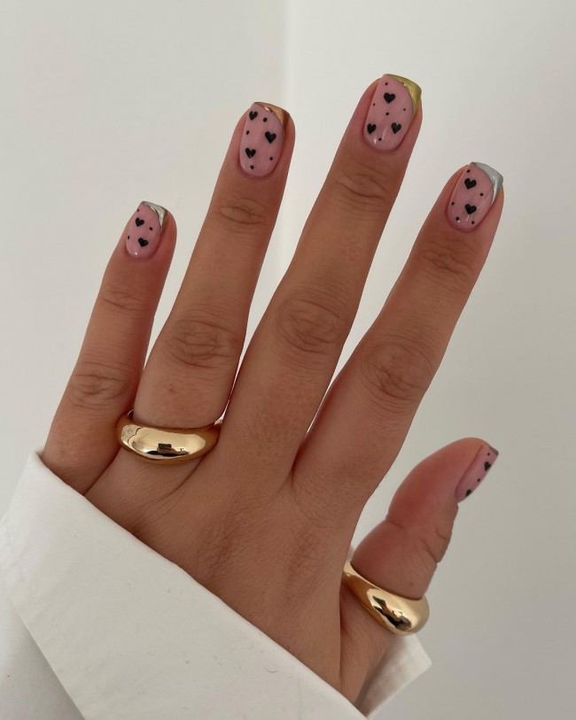 59 Cutest Love Heart Nail Art Designs : Gold Side French Tips & Black Hearts