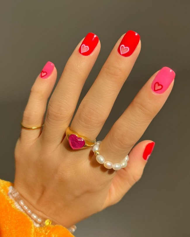 59 Cutest Love Heart Nail Art Designs : Pink and Red with Little Hearts