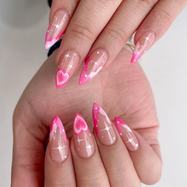 59 Cutest Love Heart Nail Art Designs : Nude Stiletto with Pink Hearts