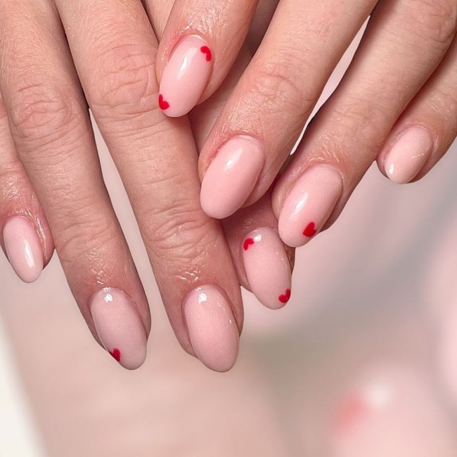 59 Cutest Love Heart Nail Art Designs : Minimalist Pink Nude Nails with Tiny Hearts