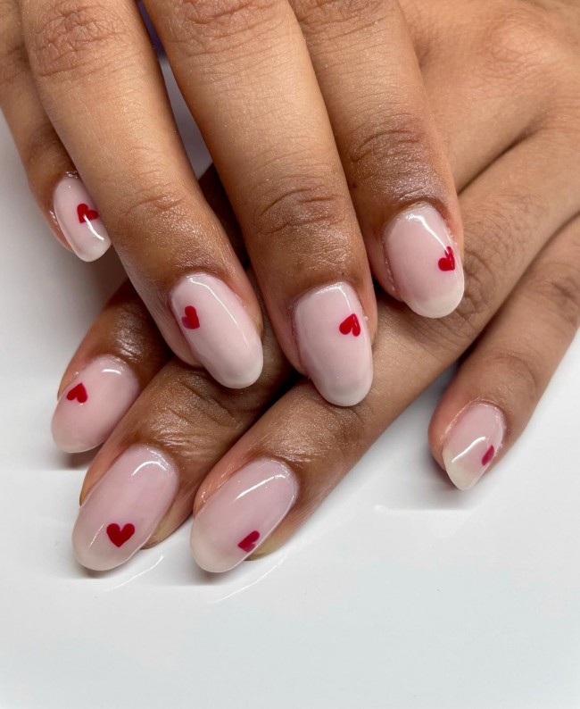 25 Cute Valentine’s Day Nail Designs 2022 : Little Red Heart Gel Nails