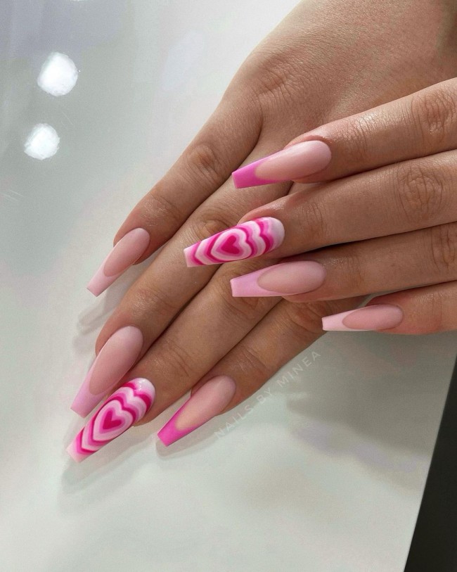 25 Cute Valentine’s Day Nail Designs 2022 : Pink French Tip and Pink Heart Nails